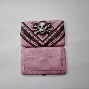 Pink Skull Embellished Women's Clutch Cross Western Bling Wallet